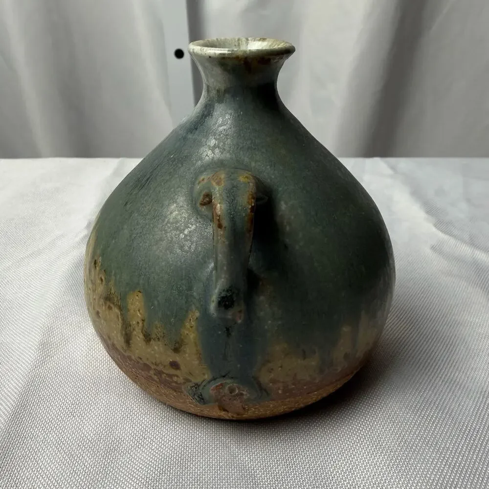 VTG Mingei Style Studio Pottery Stoneware Jug Bud Vase Drip Glaze Blue Green - Picture 3 of 10